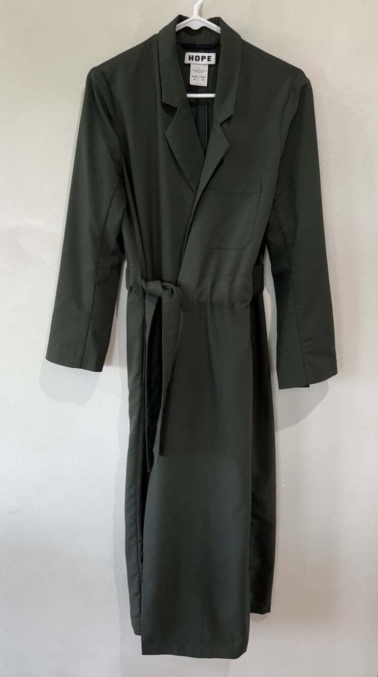 $425 HOPE Stockholm Women’s Mens Wrap Dress Coat Jacket Duster Green Belted